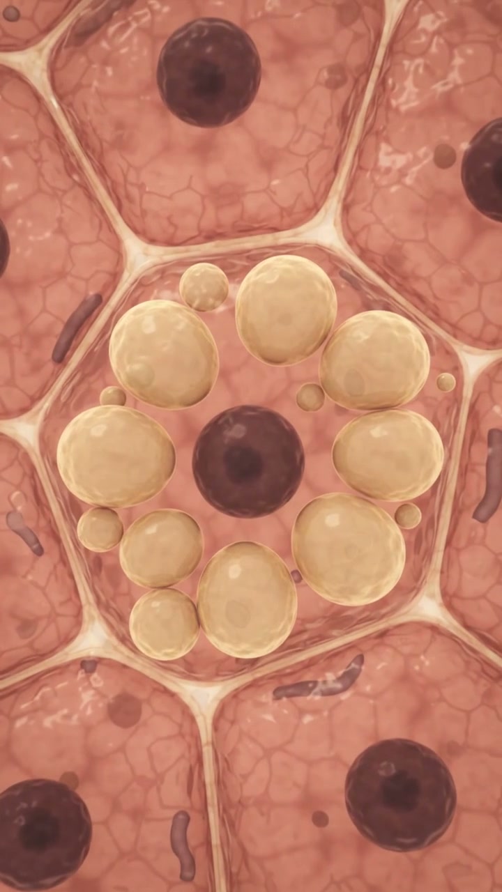 Illustration of fat droplets building inside a liver cell